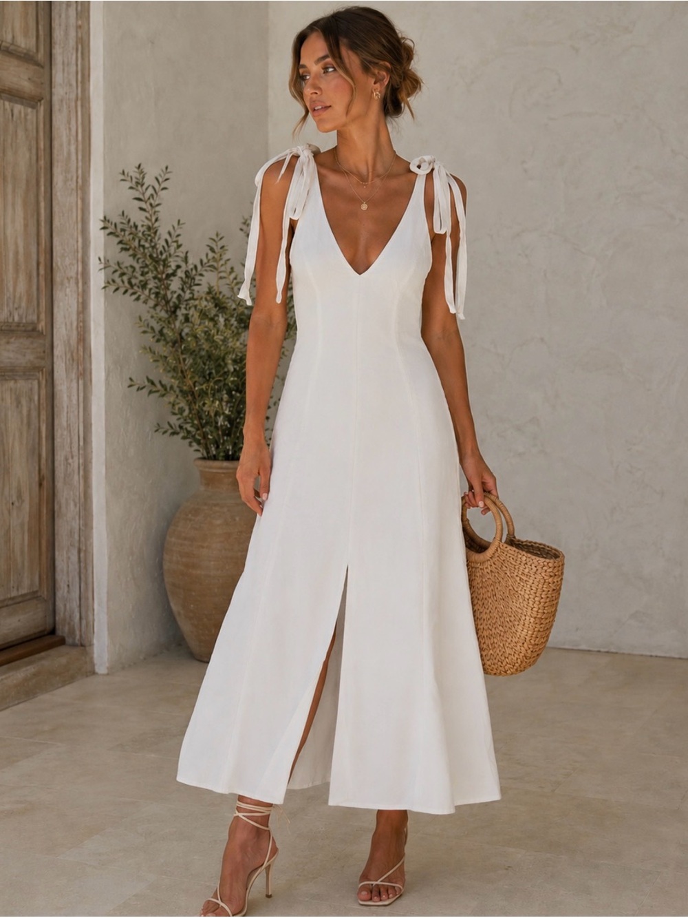 Anthropologie Saunders Classic Cream Tie-Shoulder Midi Dress with Front Slit